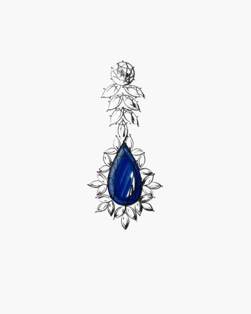 Symbolische Schmuckskizze mit blauem Edelstein – Bild für Schmuckrestaurierungen bei der Goldschmiede Kaddick in München.